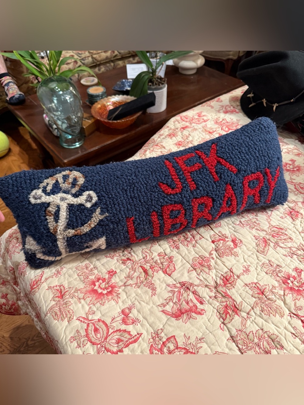 4 Corners Vintage Designer Navy Blue and red woven ‘JFK LIBRARY' Hooked Pillow